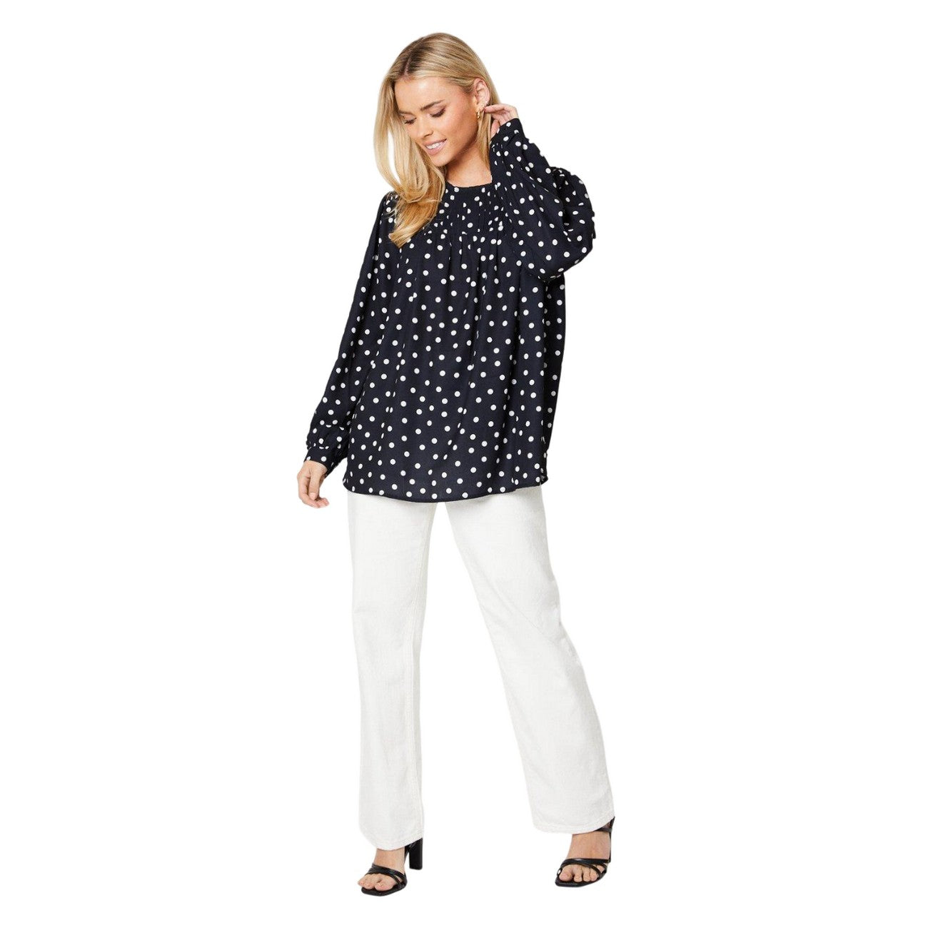 Monochrome - Side - Dorothy Perkins Womens-Ladies Polka Dot Pleated Plus Long-Sleeved Blouse