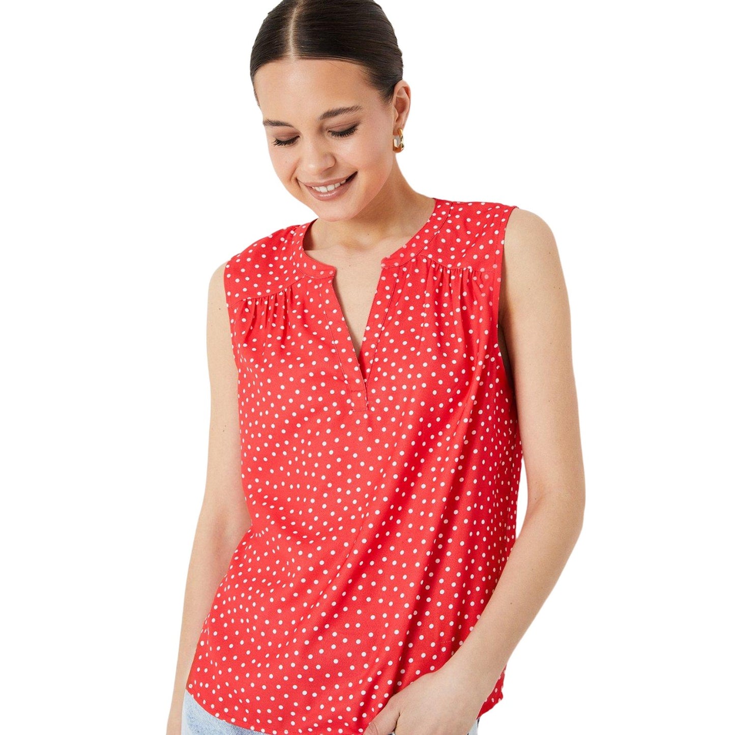 Red - Side - Dorothy Perkins Womens-Ladies Spotted Collarless Sleeveless Blouse