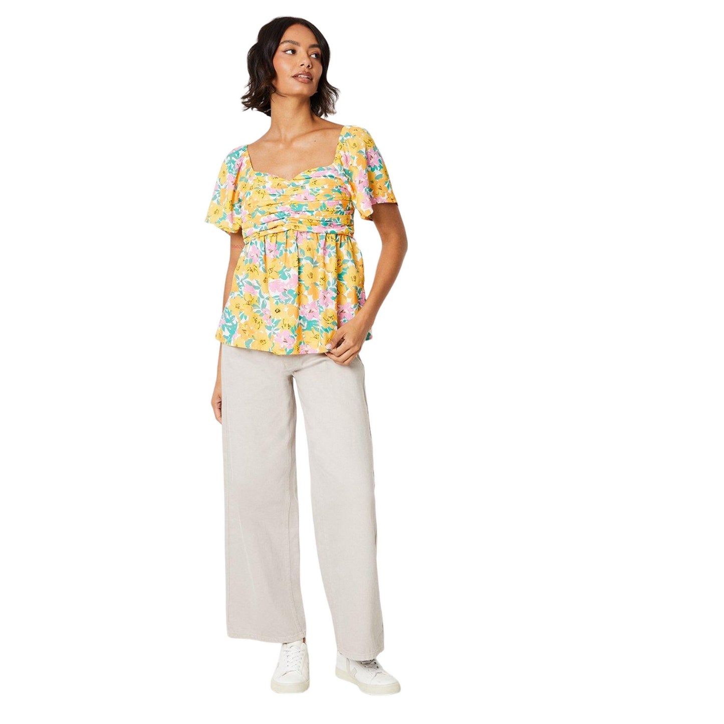 Yellow-Pink - Side - Dorothy Perkins Womens-Ladies Floral Pintuck Blouse