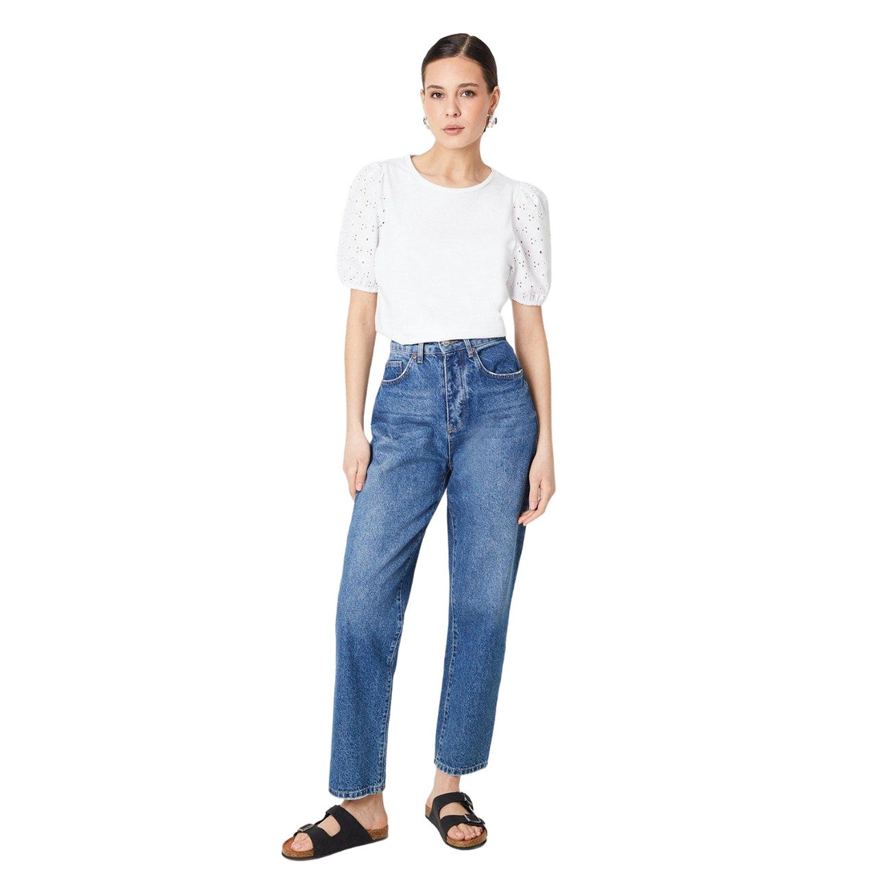 White - Side - Dorothy Perkins Womens-Ladies Broderie Puffed T-Shirt