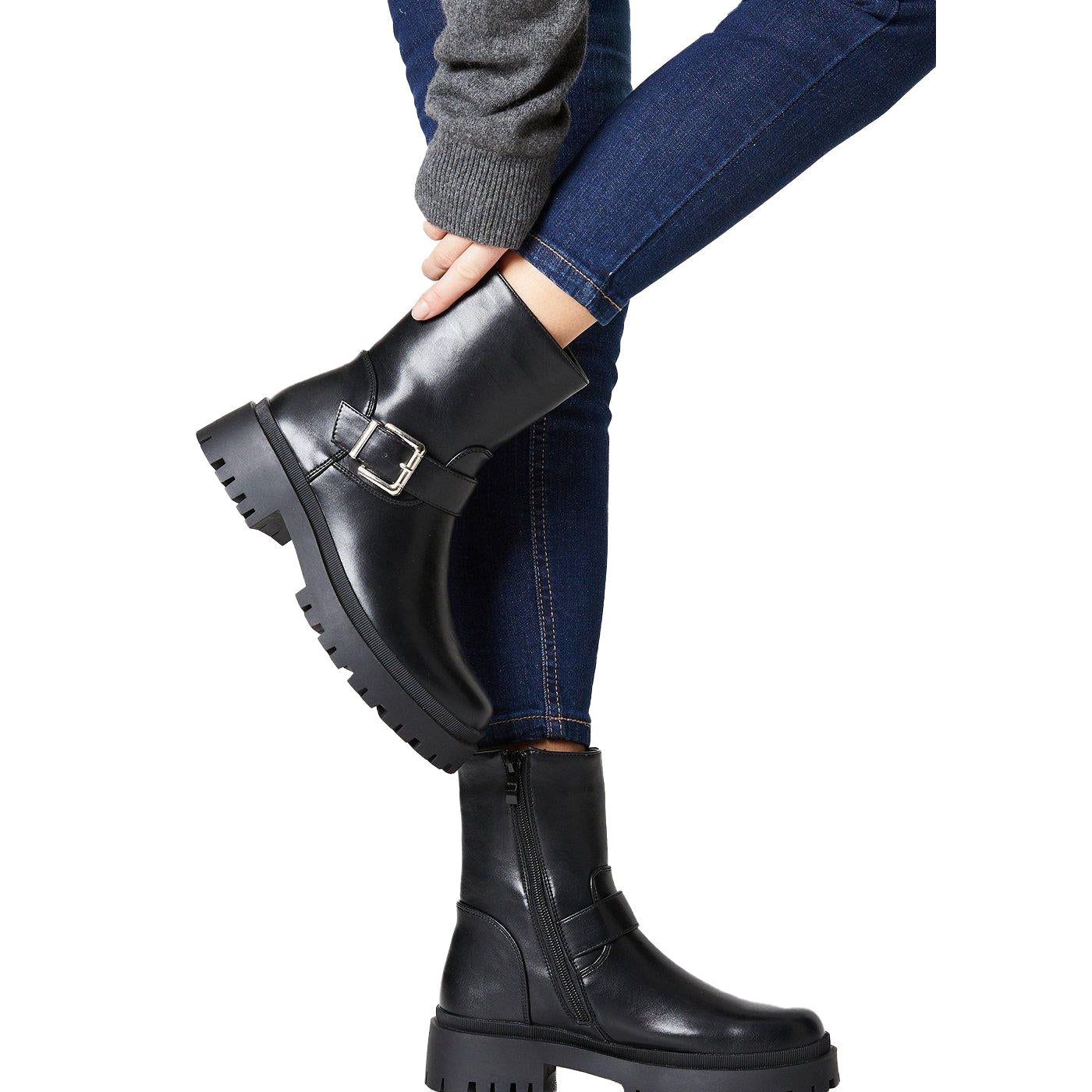 Black - Lifestyle - Faith Womens-Ladies Kennedy Buckle Chunky Heel Ankle Boots