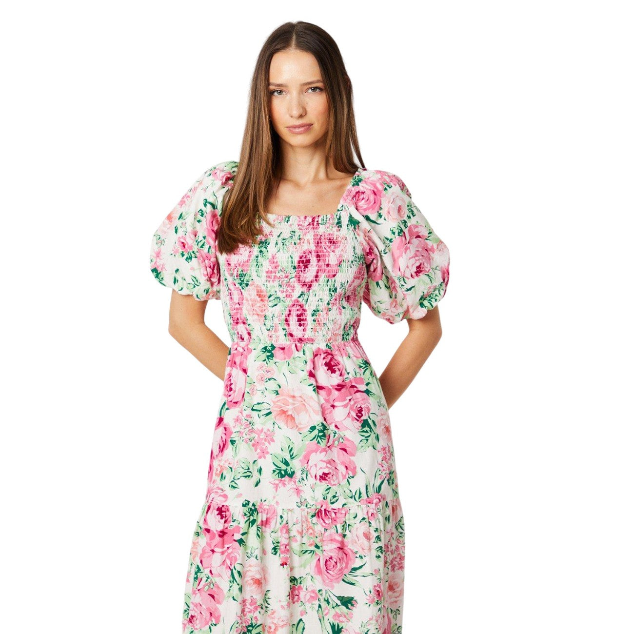 White-Pink-Green - Side - Dorothy Perkins Womens-Ladies Rose Shirred Bodice Puff Sleeve Midi Dress