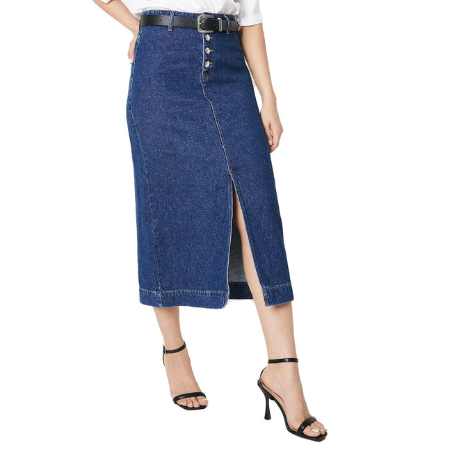 Dark Wash - Front - Dorothy Perkins Womens-Ladies Denim Midi Skirt