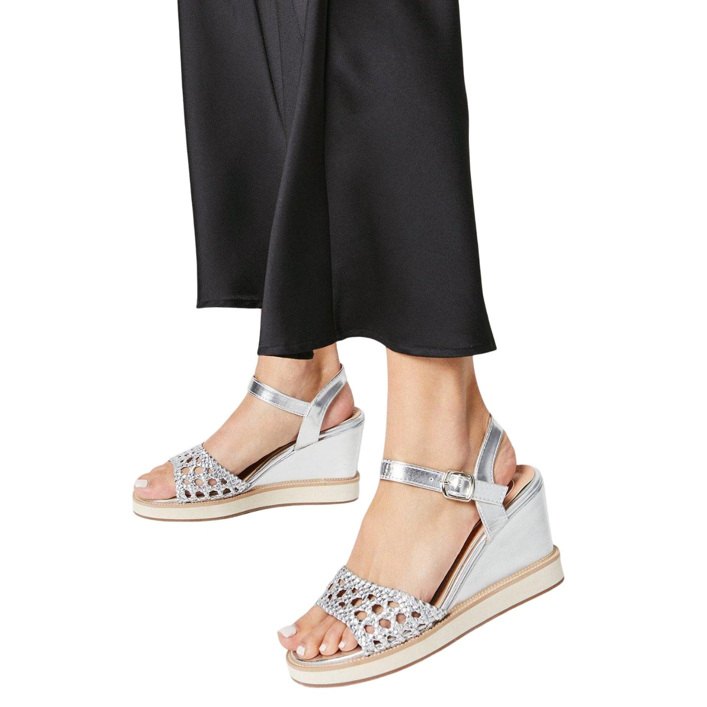 Silver - Back - Good For The Sole Womens-Ladies Rita Comfort Crochet High Wedge Wedge Sandals