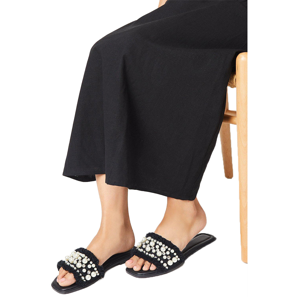 Black - Side - Faith Womens-Ladies Marlie Pearl Diamante Fringed Flat Mule Sandals
