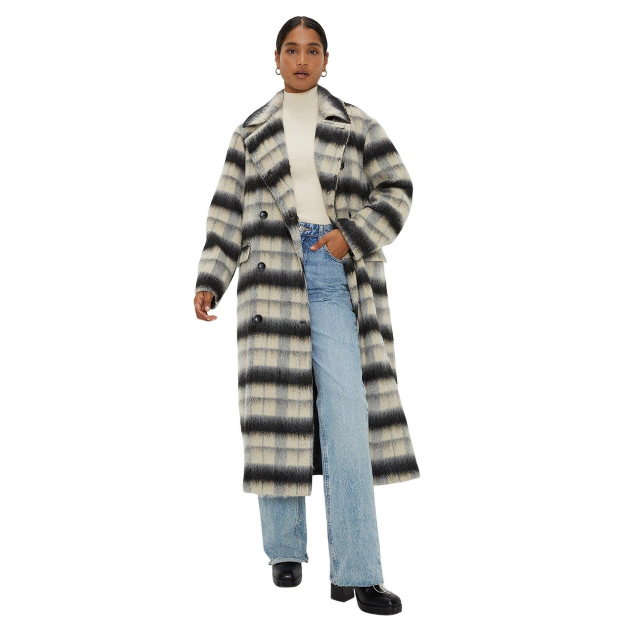 Monochrome - Side - Dorothy Perkins Womens-Ladies Checked Double Breasted Coat