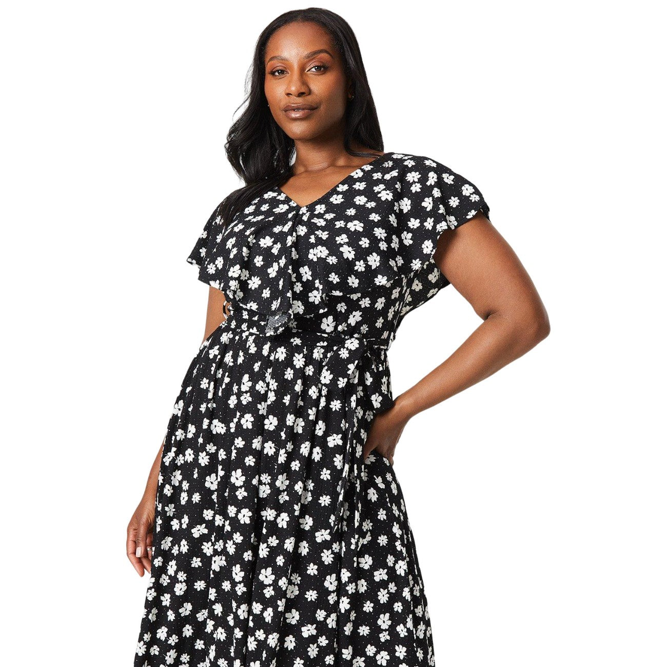 Monochrome - Lifestyle - Dorothy Perkins Womens-Ladies Ditsy Print Curved Ruffle Midi Dress