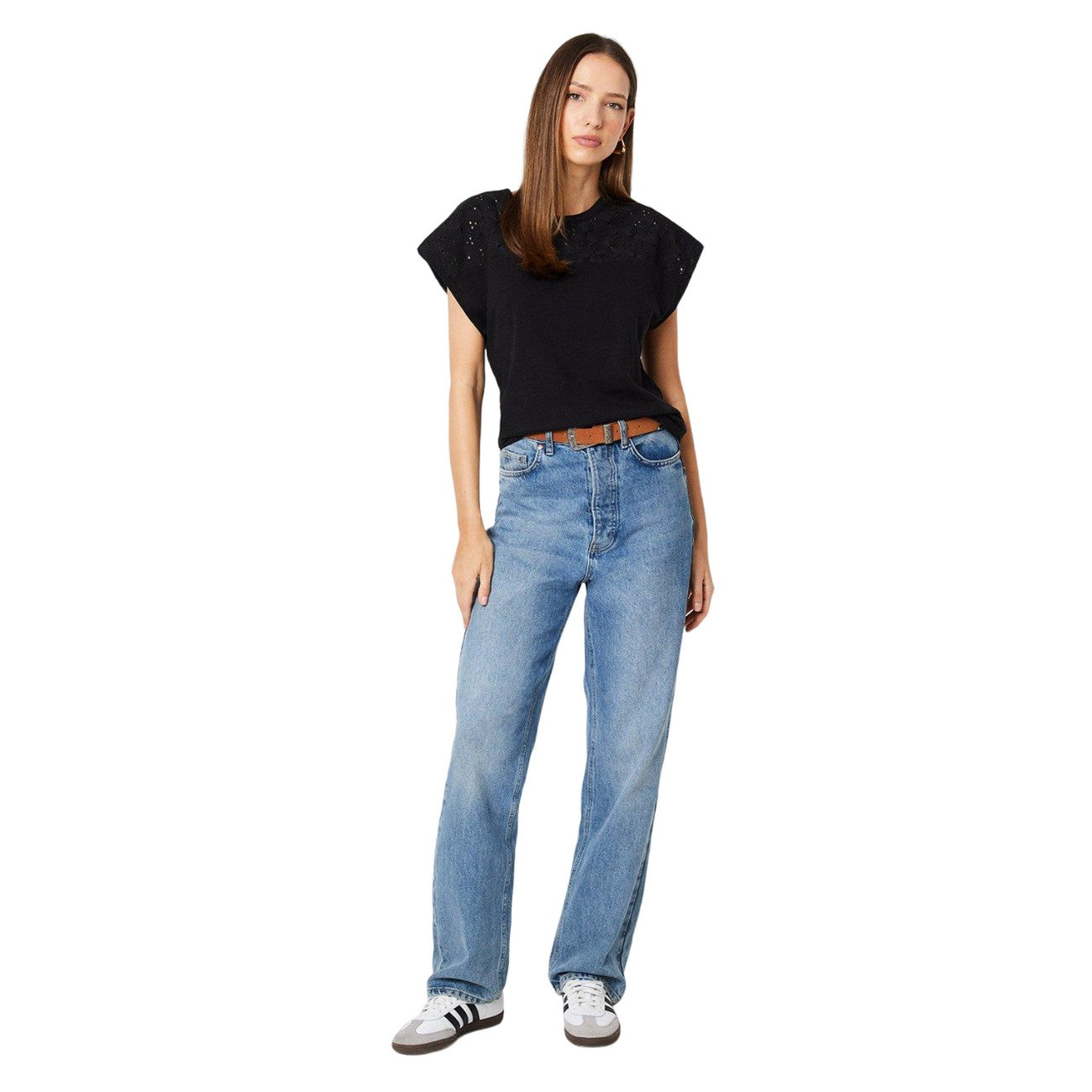 Black - Side - Dorothy Perkins Womens-Ladies Yoke Detail Broderie Sleeve Top