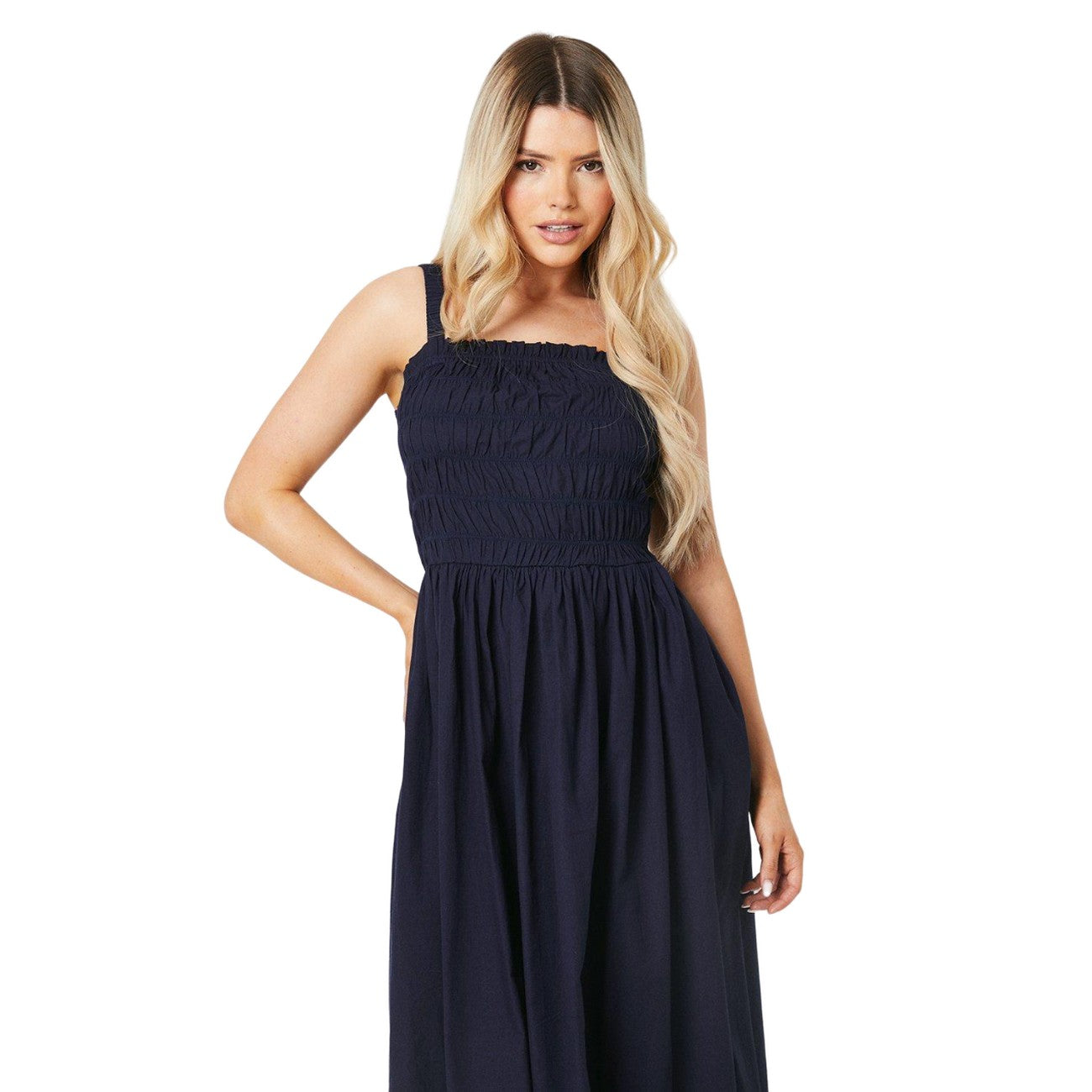 Navy - Side - Dorothy Perkins Womens-Ladies Poplin Shirred Bodice Midi Dress