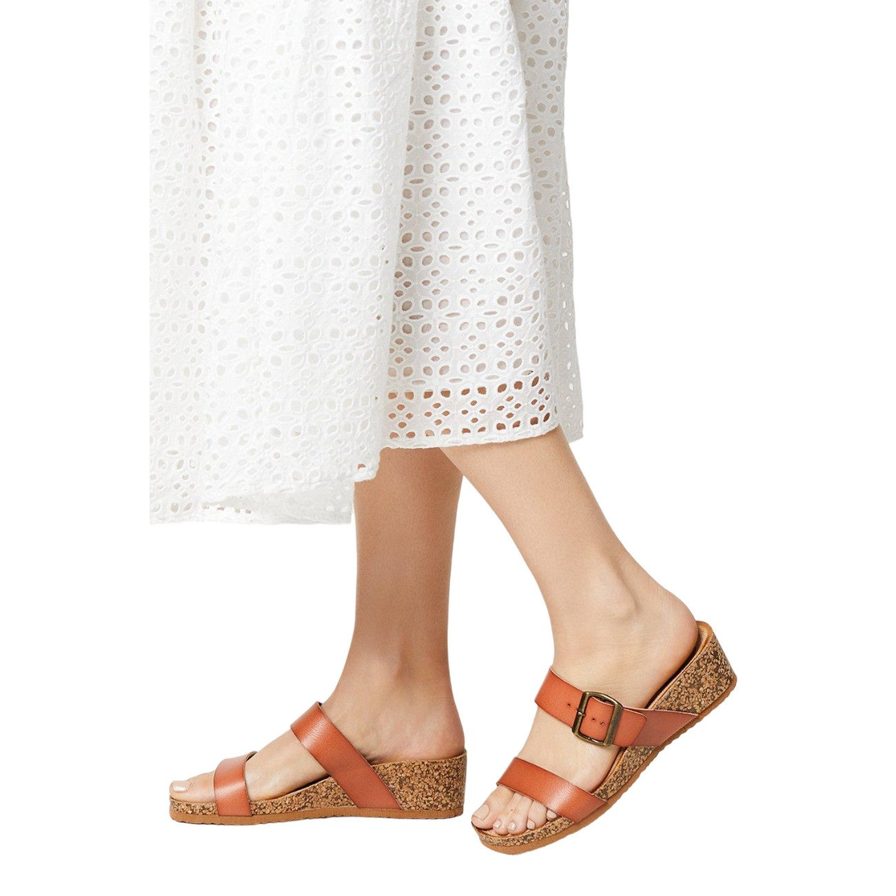 Tan - Side - Good For The Sole Womens-Ladies Harlem Double Strap Wide Wedge Sandals