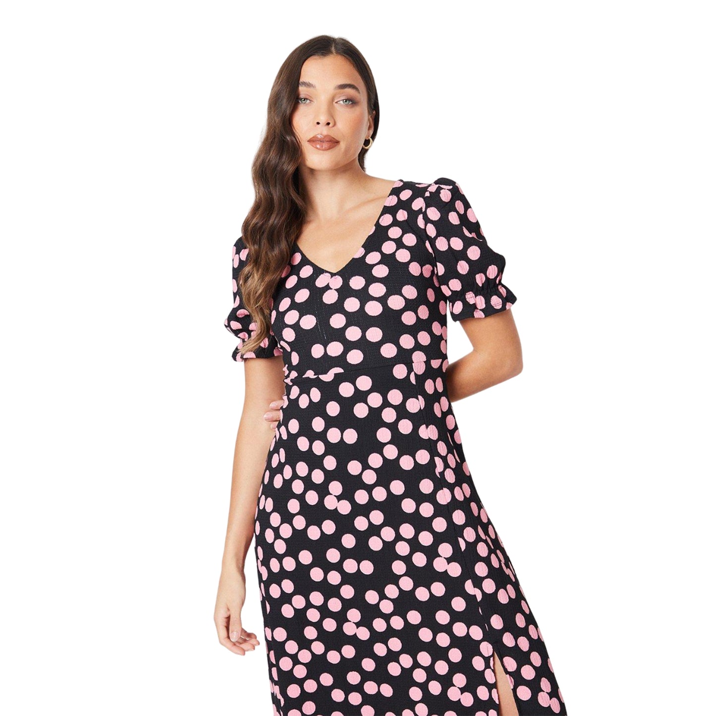 Black - Side - Dorothy Perkins Womens-Ladies Polka Dot V Neck Petite Midi Dress