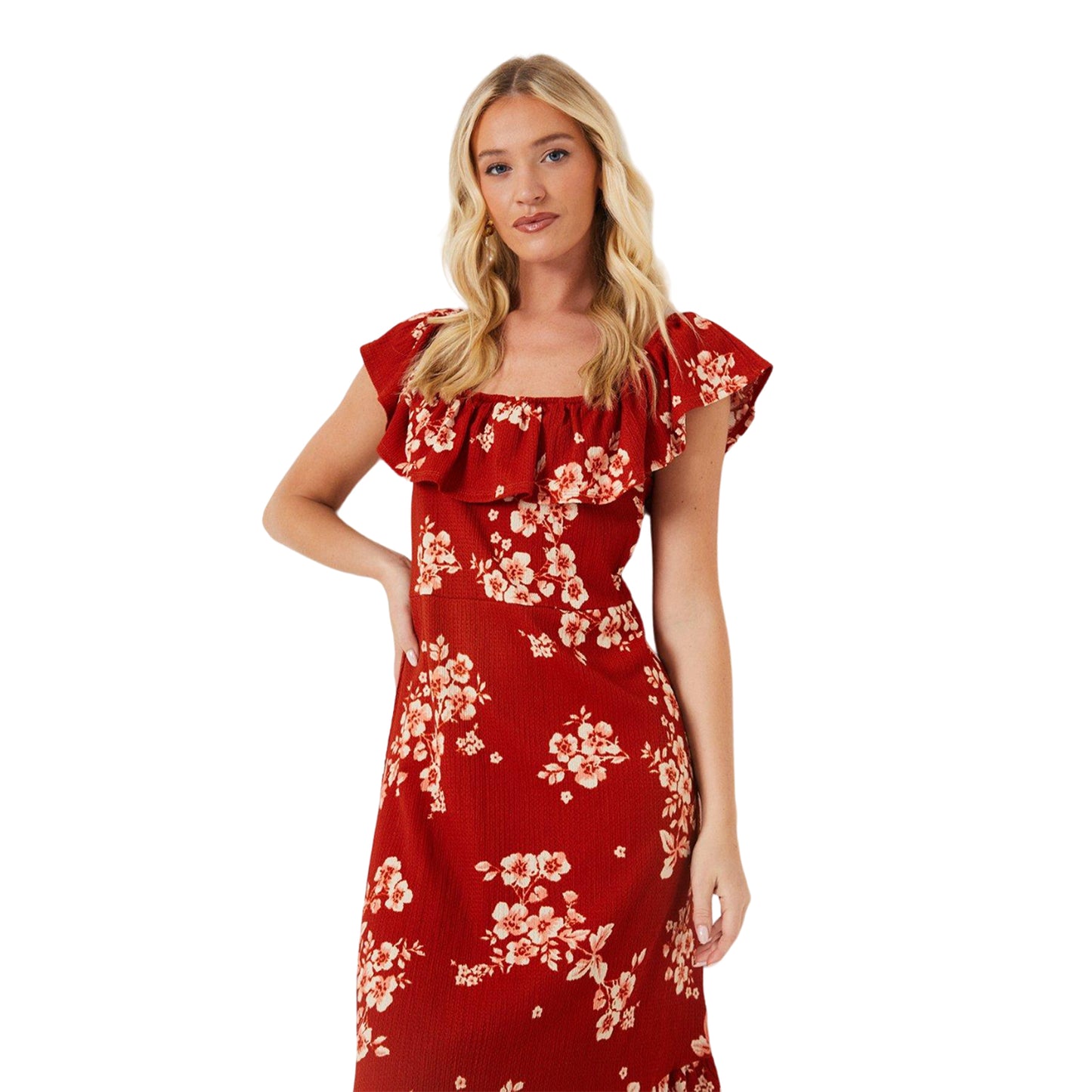 Red - Side - Dorothy Perkins Womens-Ladies Floral Frill Detail Midi Dress