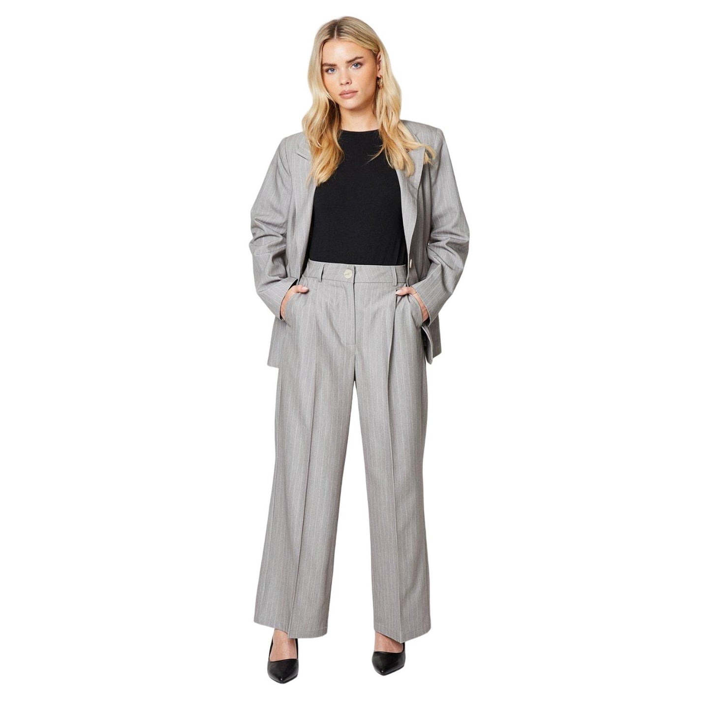 Grey - Side - Dorothy Perkins Womens-Ladies Stripe Petite Trousers