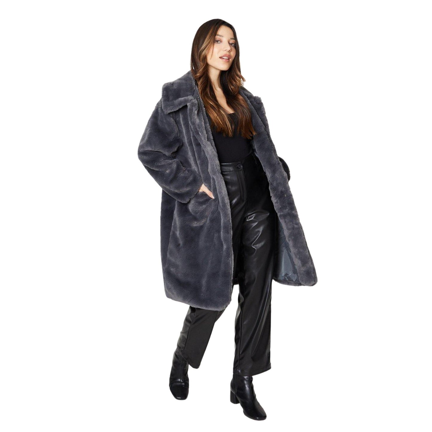 Charcoal - Side - Dorothy Perkins Womens-Ladies Longline Faux Fur Petite Coat