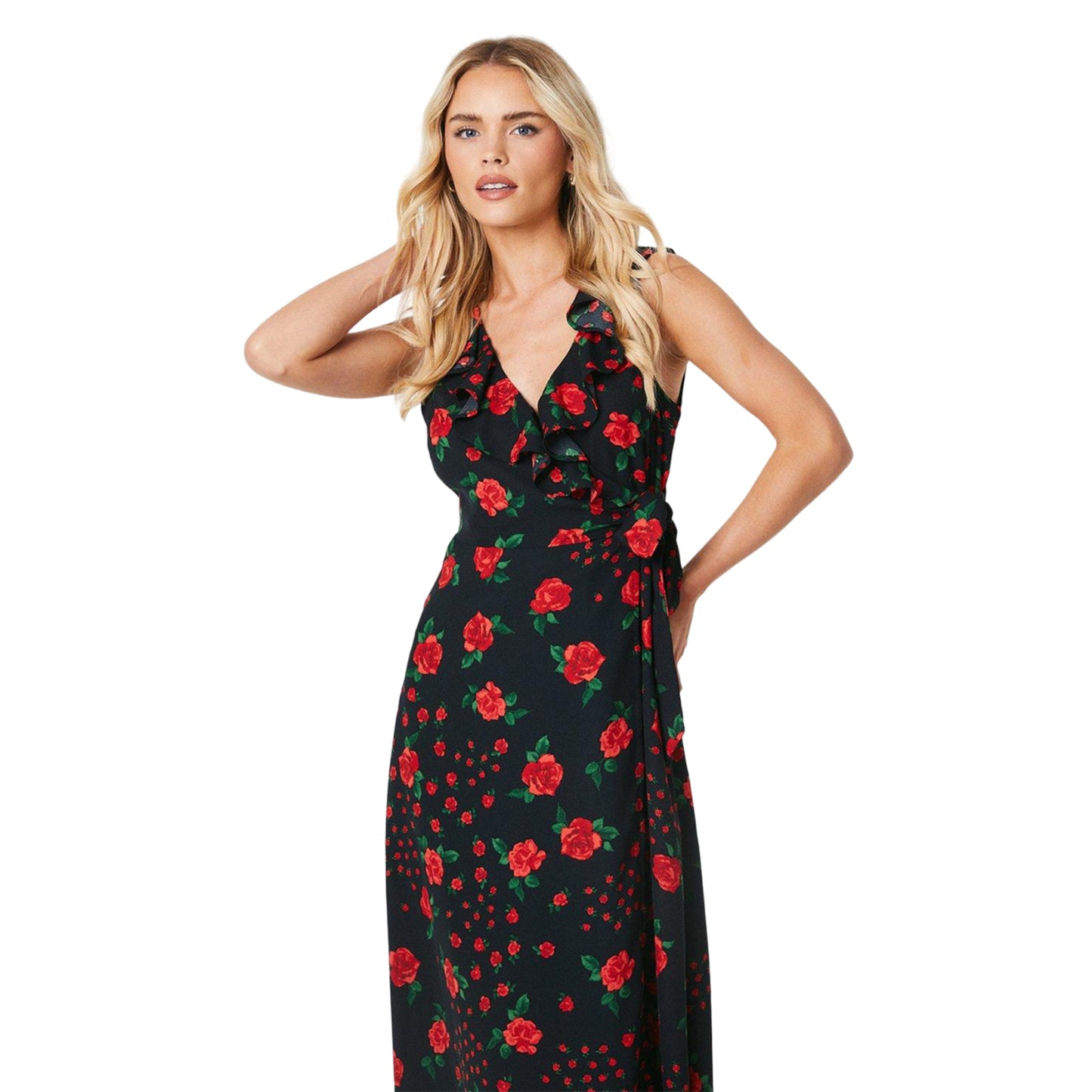 Black - Side - Dorothy Perkins Womens-Ladies Floral Frill Neck Petite Midi Dress
