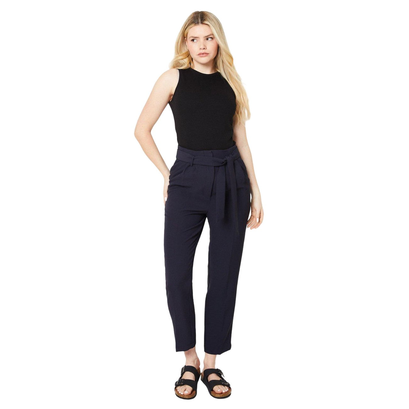 Navy - Side - Dorothy Perkins Womens-Ladies Belted Paperbag Tailored Trousers