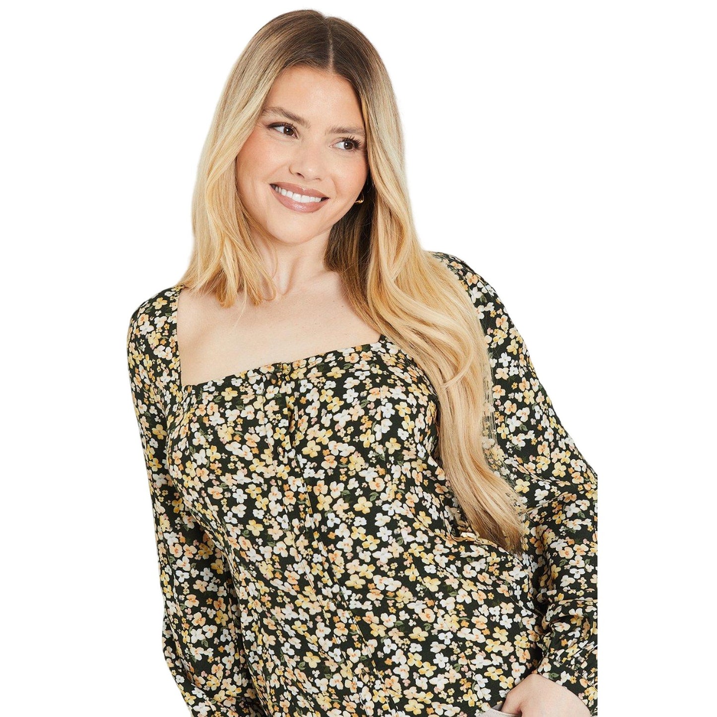 Black-Yellow-White - Side - Dorothy Perkins Womens-Ladies Ditsy Floral Long-Sleeved Blouse