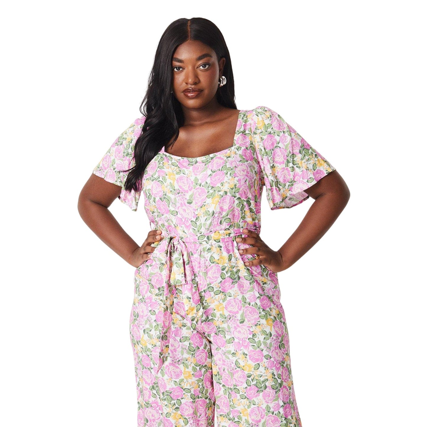 White-Pink - Side - Dorothy Perkins Womens-Ladies Floral Waist Tie Plus Jumpsuit