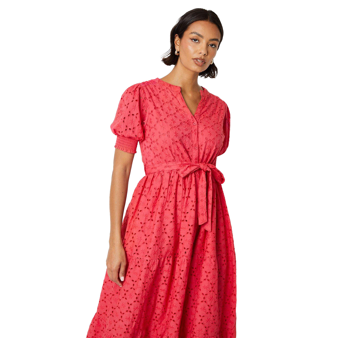 Hot Pink - Lifestyle - Dorothy Perkins Womens-Ladies Broderie Belt Midi Shirt Dress