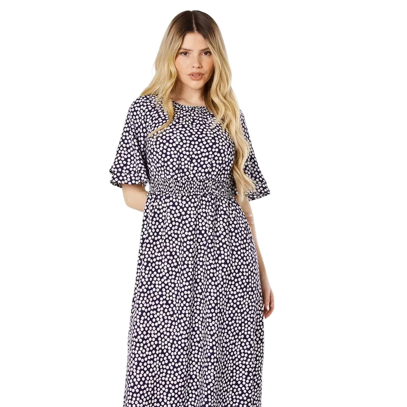 Navy - Side - Dorothy Perkins Womens-Ladies Spotted Shirred Waist Double Frill Midi Dress