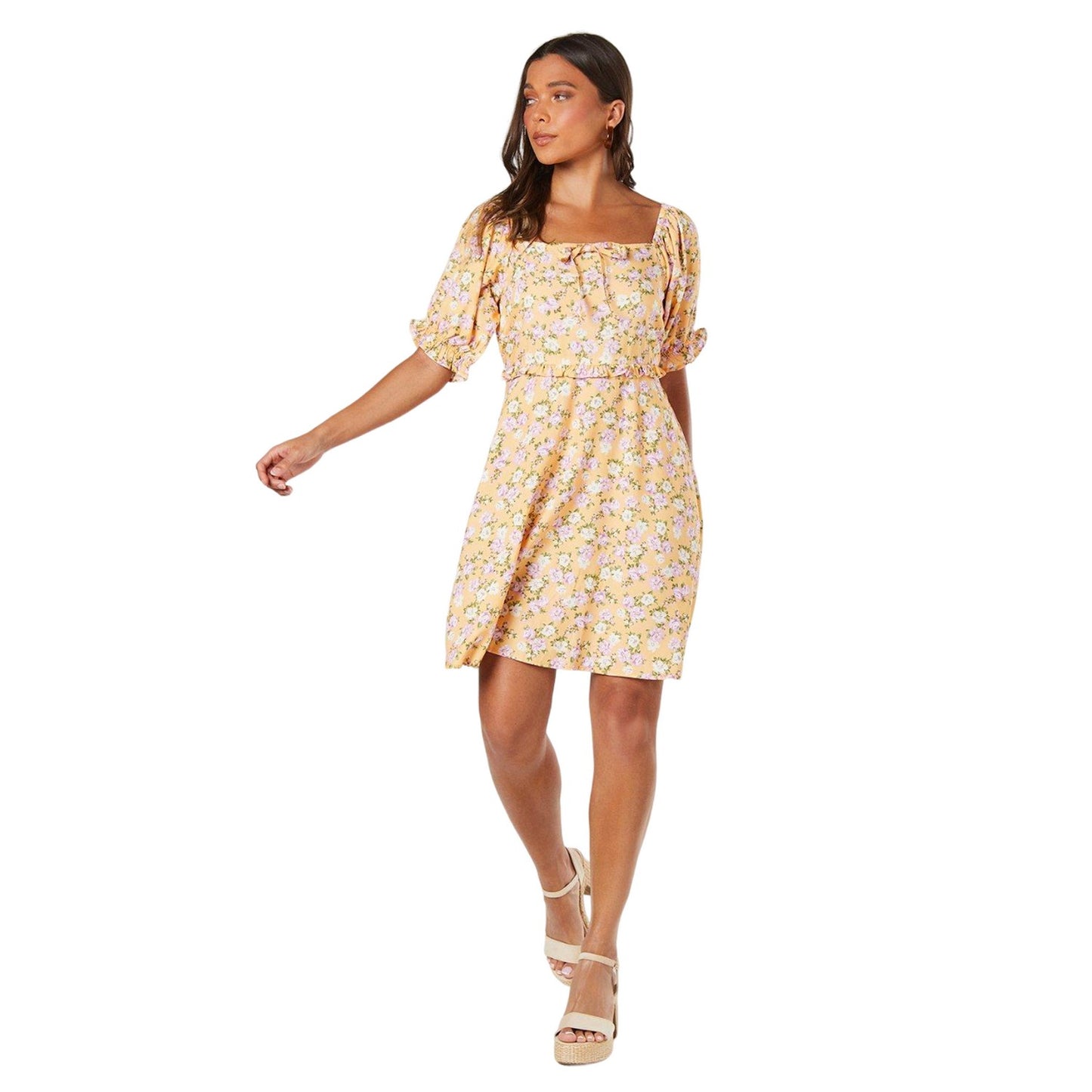 Yellow - Side - Dorothy Perkins Womens-Ladies Ditsy Print Petite Puff Sleeve Mini Dress