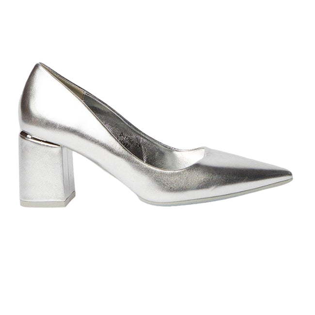 Silver - Back - Dorothy Perkins Womens-Ladies Baden Metallic Detail Medium Block Heel Court Shoes