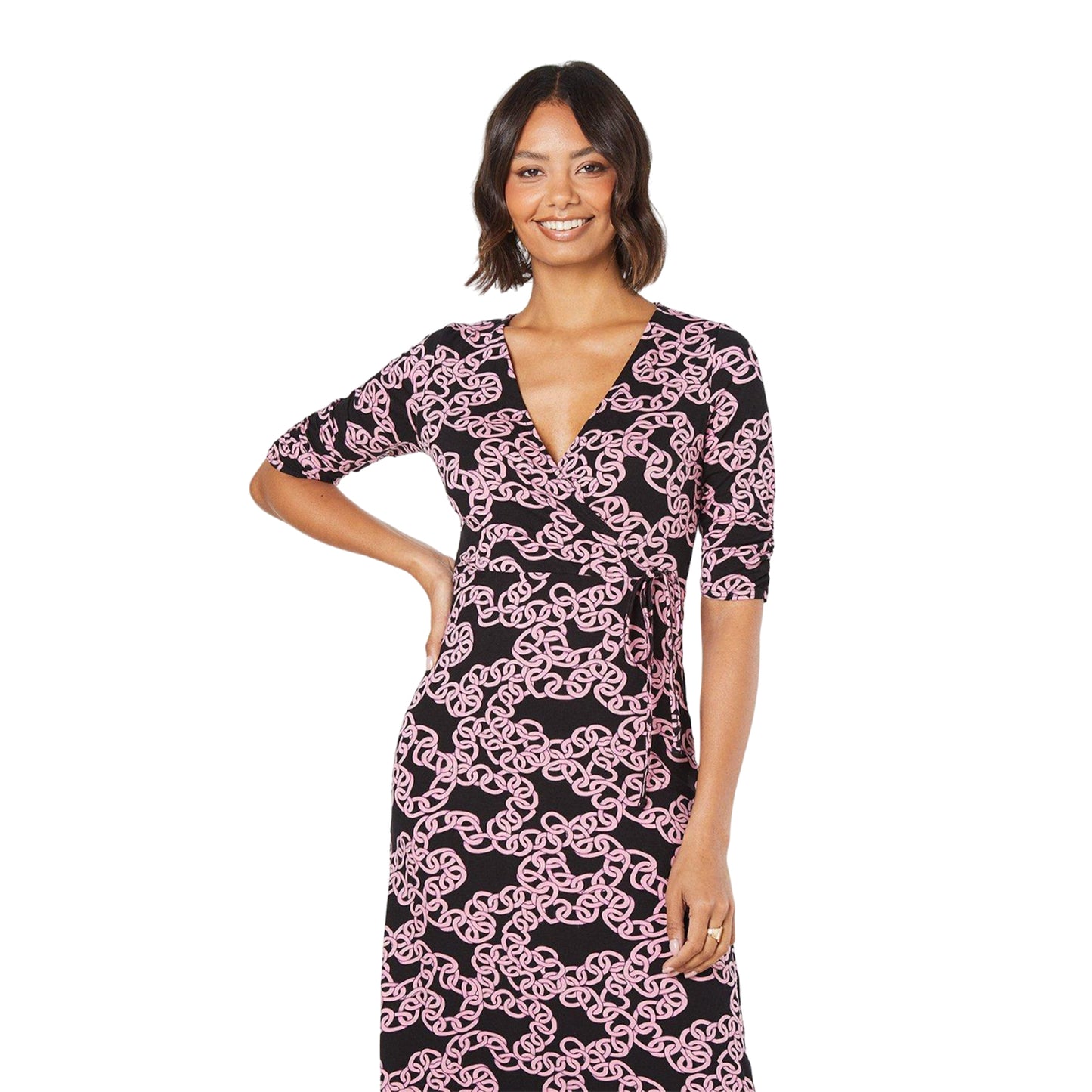 Black-Pink - Side - Dorothy Perkins Womens-Ladies Chain Wrap Mini Dress
