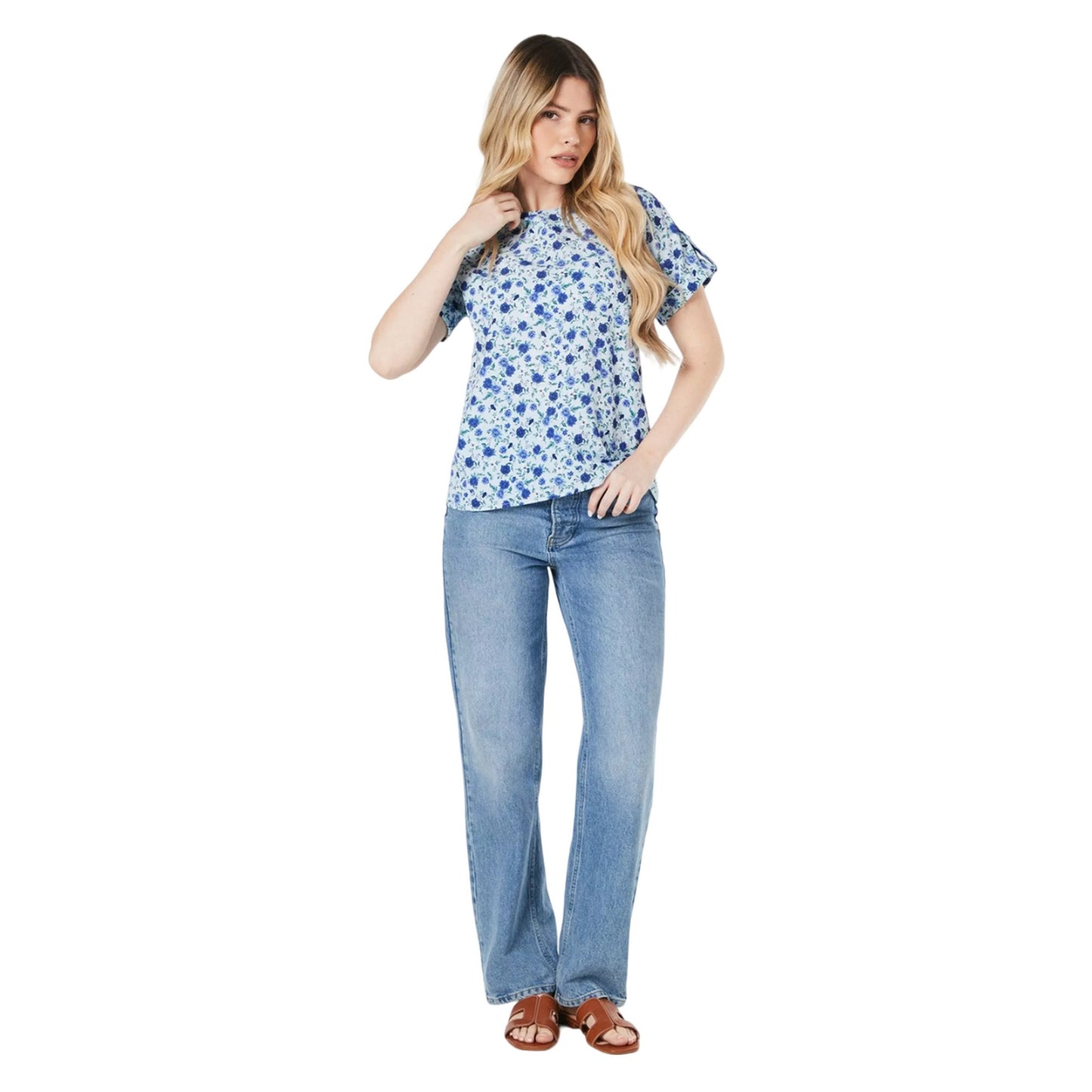 Blue - Side - Dorothy Perkins Womens-Ladies Floral Roll Sleeve Blouse