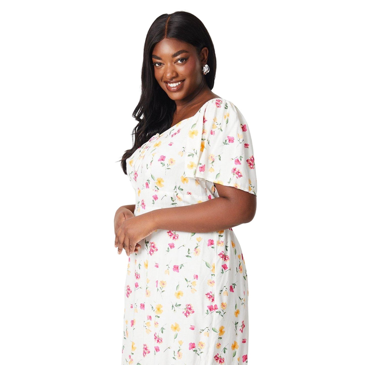 Ivory - Side - Dorothy Perkins Womens-Ladies Ditsy Floral Tie Neck Plus Midi Dress