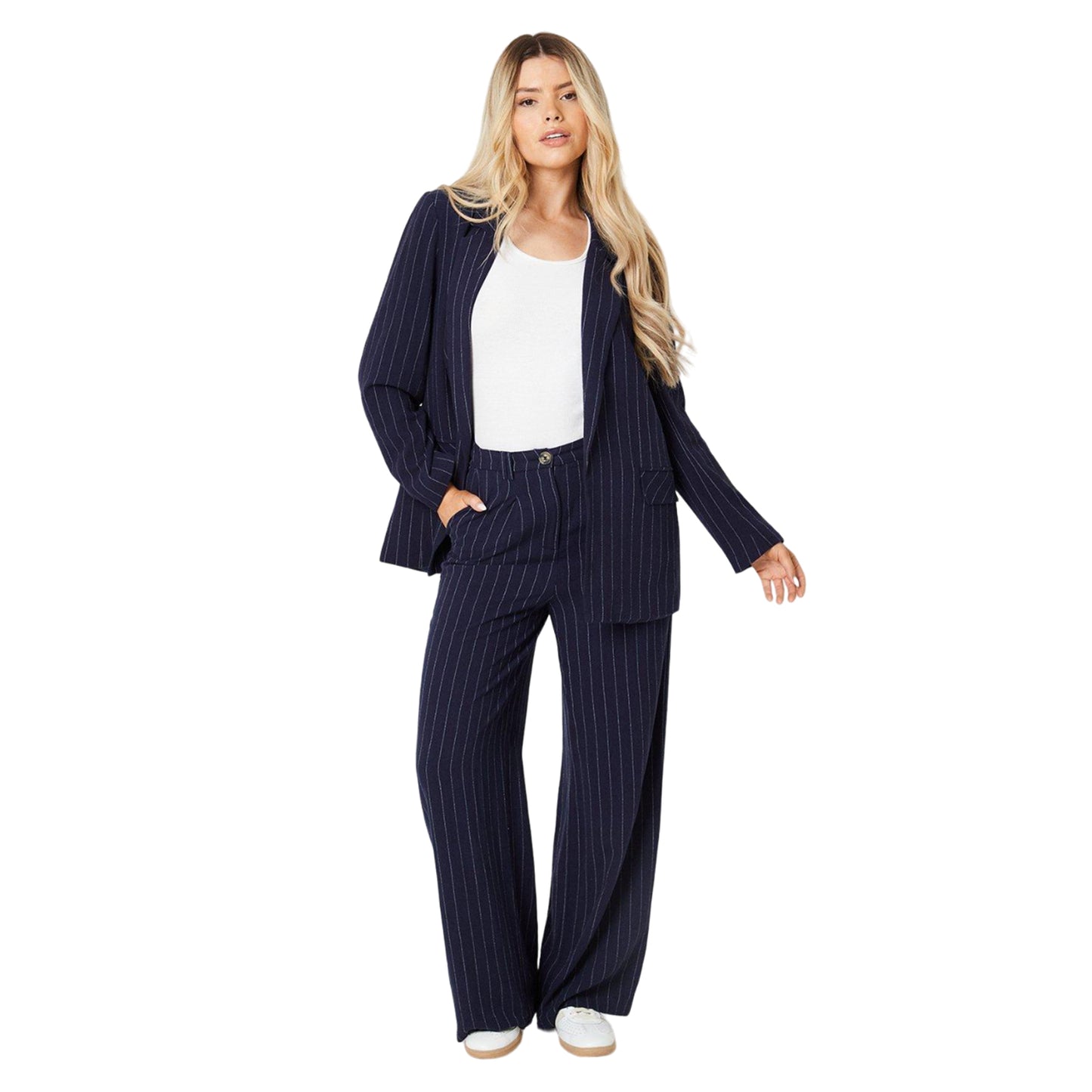 Navy - Side - Dorothy Perkins Womens-Ladies Linen-Look Striped Trousers