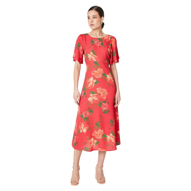 Pink - Front - Dorothy Perkins Womens-Ladies Floral Tie Back Flutter Midi Dress