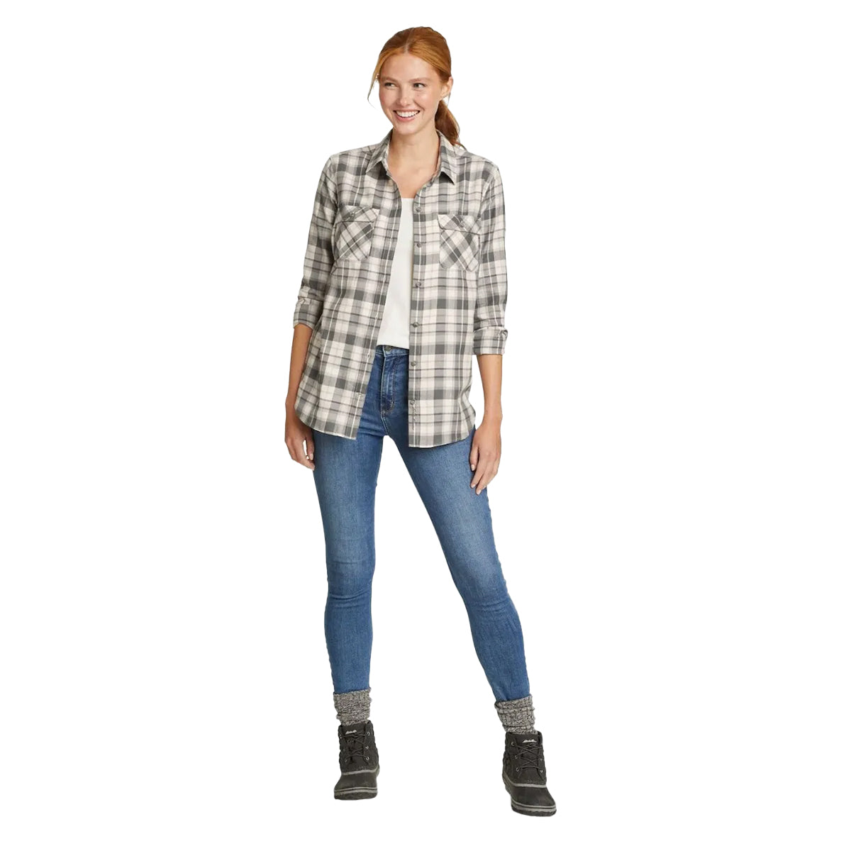 Vintage Grey - Side - Eddie Bauer Womens-Ladies Firelight Multi Check Flannel Shirt
