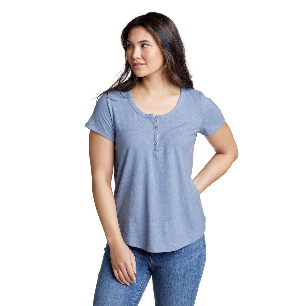 Dusty Blue - Front - Eddie Bauer Womens-Ladies Hemplify Henley Short-Sleeved T-Shirt