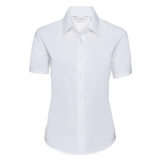 White - Front - Russell Collection Ladies-Womens Short Sleeve Easy Care Oxford Shirt