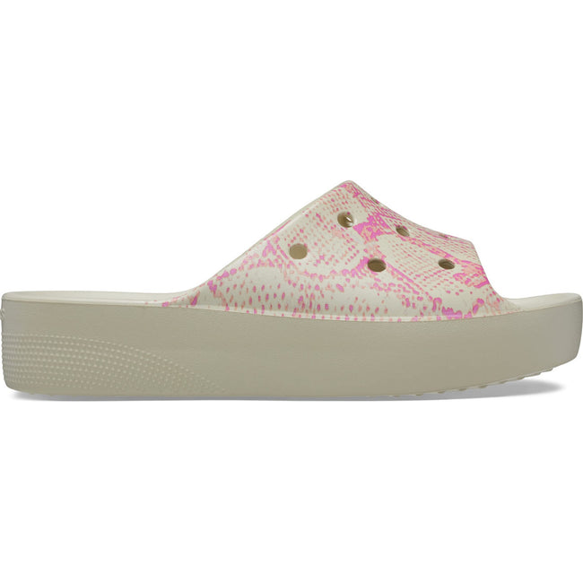 Bone-Pink - Back - Crocs Womens-Ladies Classic Snake Print Platform Sliders