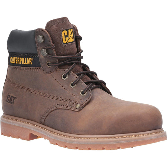 Brown-Black-Yellow - Front - Caterpillar Mens Powerplant GYW Leather Safety Boot