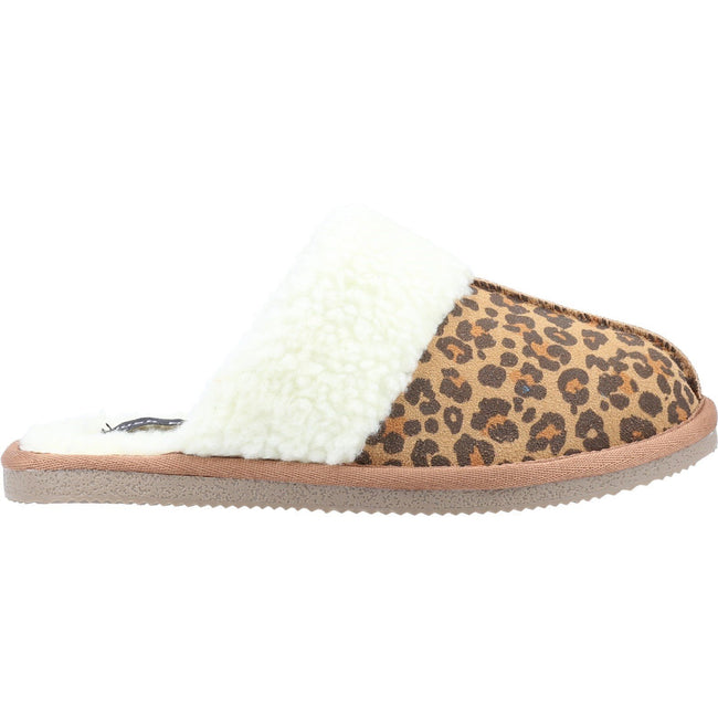 Brown-White - Back - Hush Puppies Womens-Ladies Arianna Leopard Print Suede Slippers
