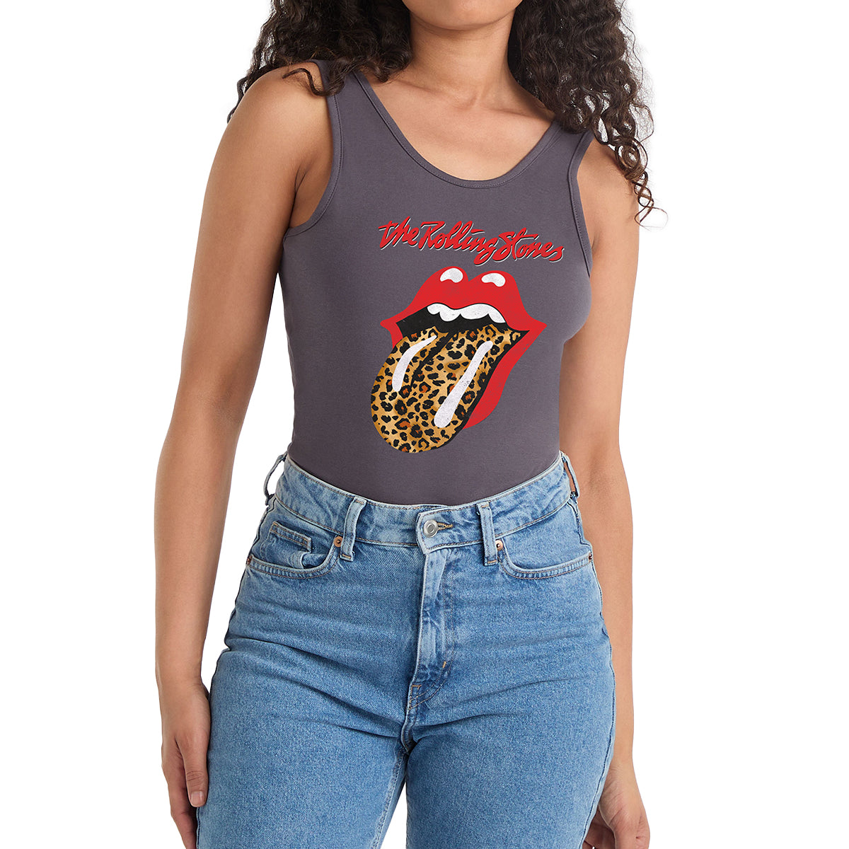 Charcoal - Side - Amplified Womens-Ladies Leopard Tongue The Rolling Stones Bodysuit