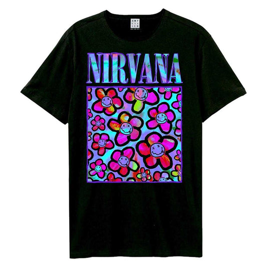 Black - Front - Amplified Unisex Adult Neon Flowers Nirvana T-Shirt