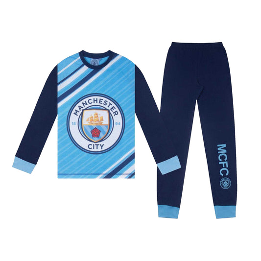 Sky Blue - Front - Manchester City FC Boys Sublimated Long-Sleeved Long Pyjama Set