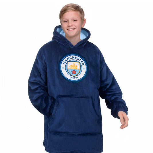 Navy Blue - Front - Manchester City FC Childrens-Kids Crest Oversized Blanket Hoodie