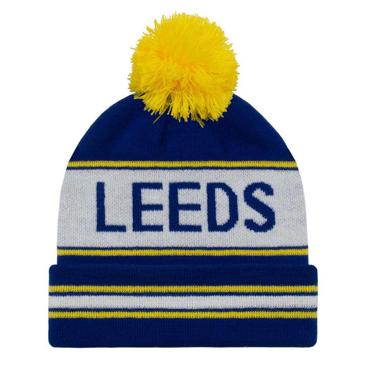 Blue-White-Yellow - Front - Fan Originals Leeds Text Bobble Beanie