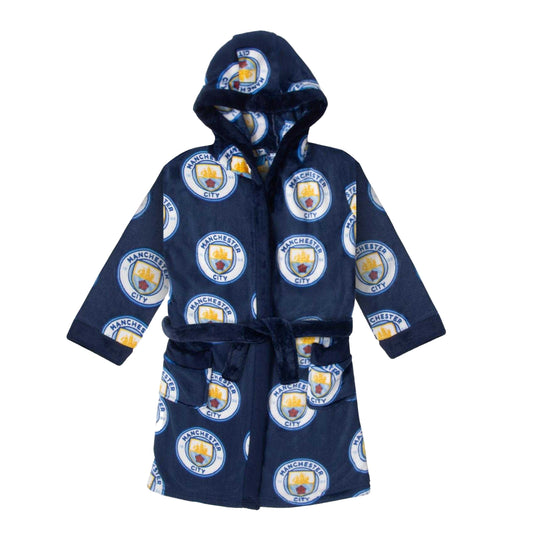 Navy - Front - Manchester City FC Boys Crest Fleece All-Over Print Dressing Gown