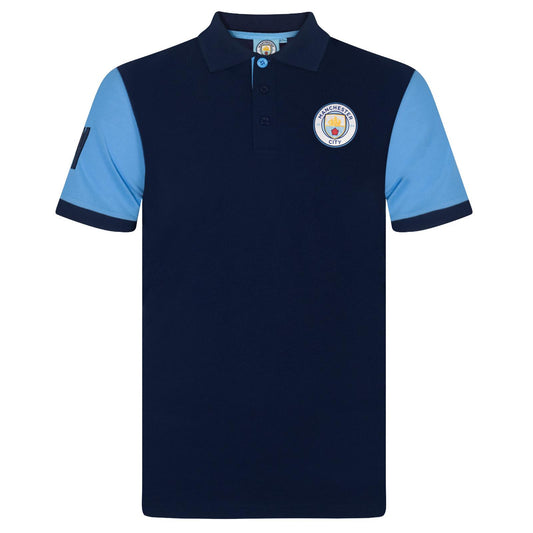 Navy - Front - Manchester City FC Boys Contrast Sleeves Polo Shirt