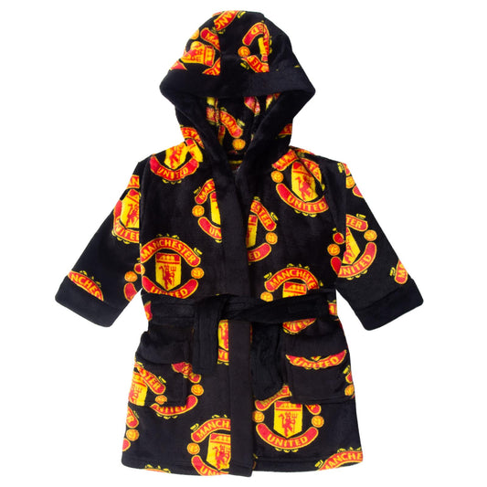 Black - Front - Manchester United FC Baby Crest Fleece All-Over Print Dressing Gown