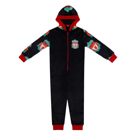 Black - Front - Liverpool FC Childrens-Kids Crest Fleece All-In-One Nightwear