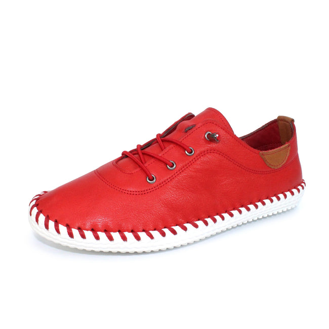 Red - Close up - Lunar Womens-Ladies St Ives Leather Plimsolls