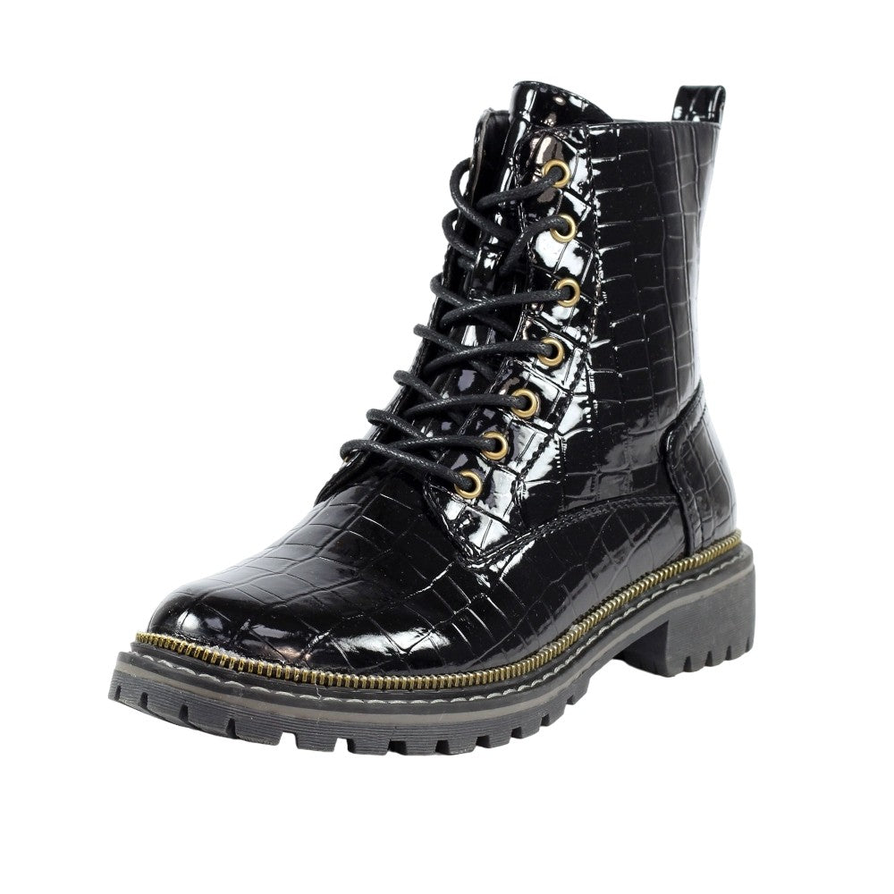 Black - Close up - Lunar Womens-Ladies Regan Croc Ankle Boots
