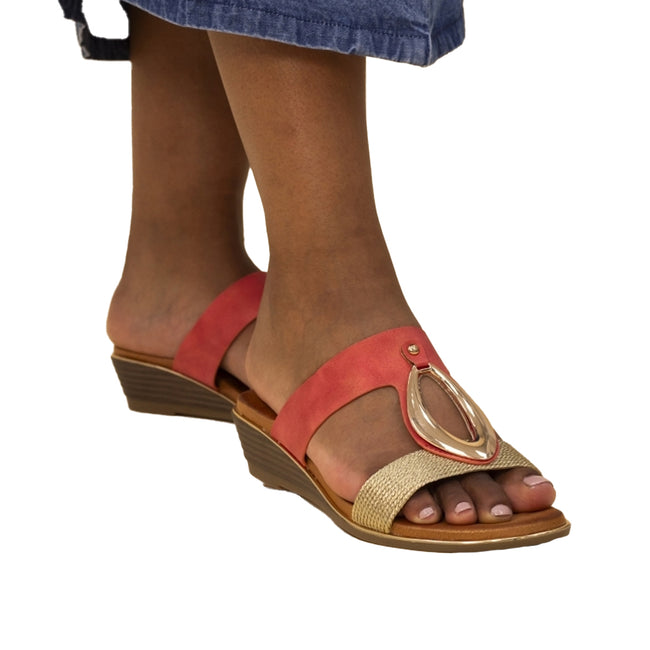 Coral - Front - Lunar Womens-Ladies Porto Wedge Heel Sandals