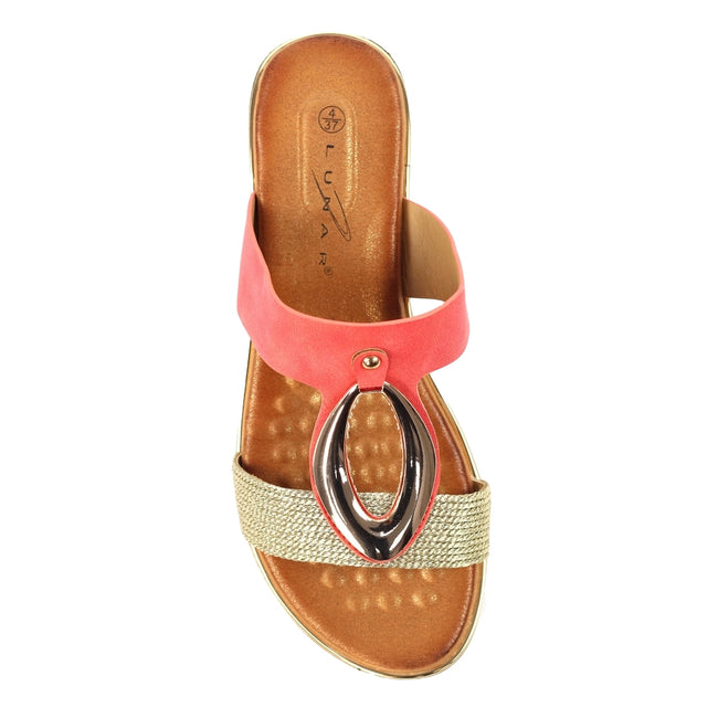 Coral - Side - Lunar Womens-Ladies Porto Wedge Heel Sandals